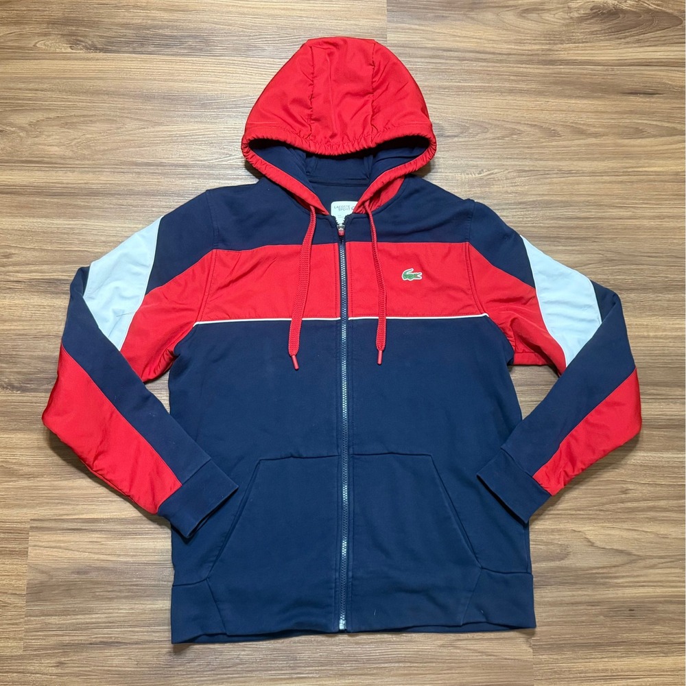 Lacoste Sport Mens Full Zip Navy Blue Red Colorblock Hoodie Sweatshirt Size L